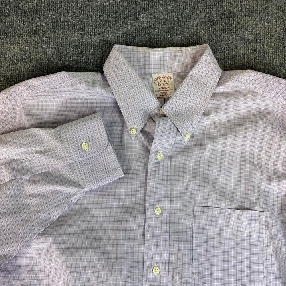 Brooks Brothers Madison Shirt 17-33 Purple Check Non Iron Supima Cotton Stretch